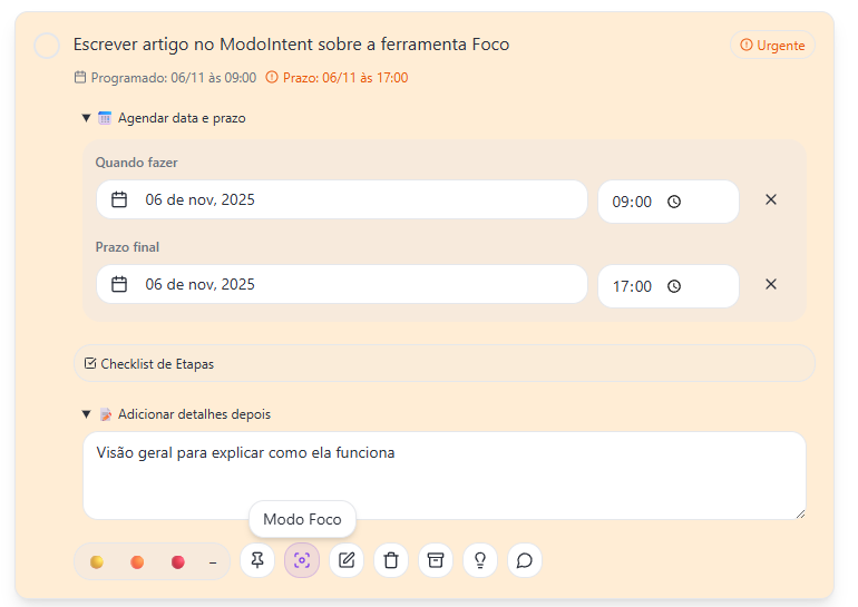 Card selecionando o modo foco