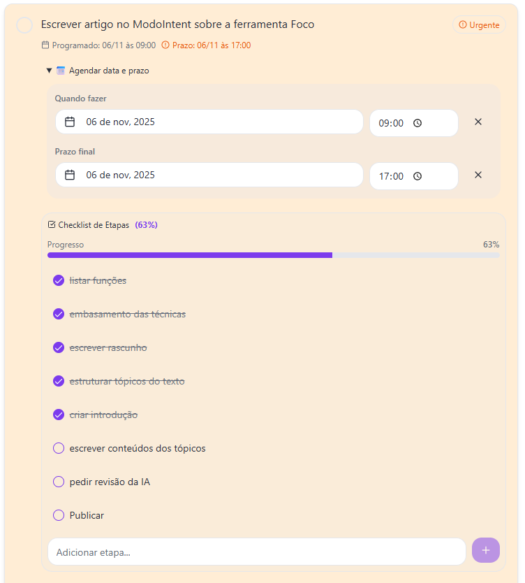 checklist de micro-tarefas no card da foco